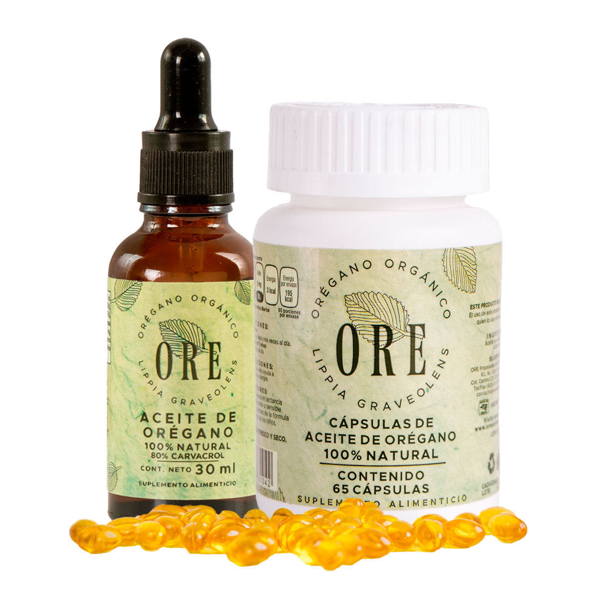 ORE Kit Aceite de Orégano 80% Carvacrol | Gotero 30 ml + Cápsulas 65 pzas, Orgánico Silvestre, Suplemento Natural