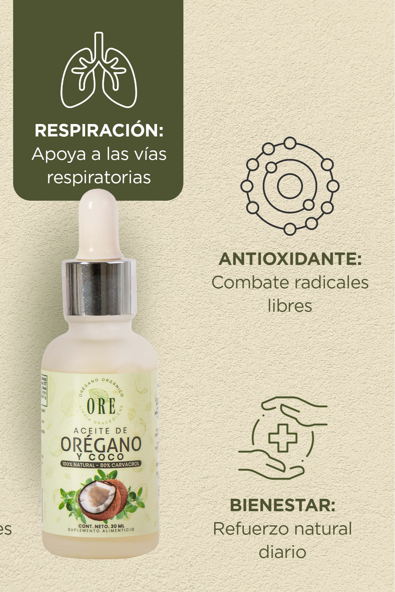 ORE Aceite de Orégano  80% Carvacrol, Orgánico y Silvestre, con Aceite de Coco, extravirgen, Suplemento Natural, Gotero de 30ml