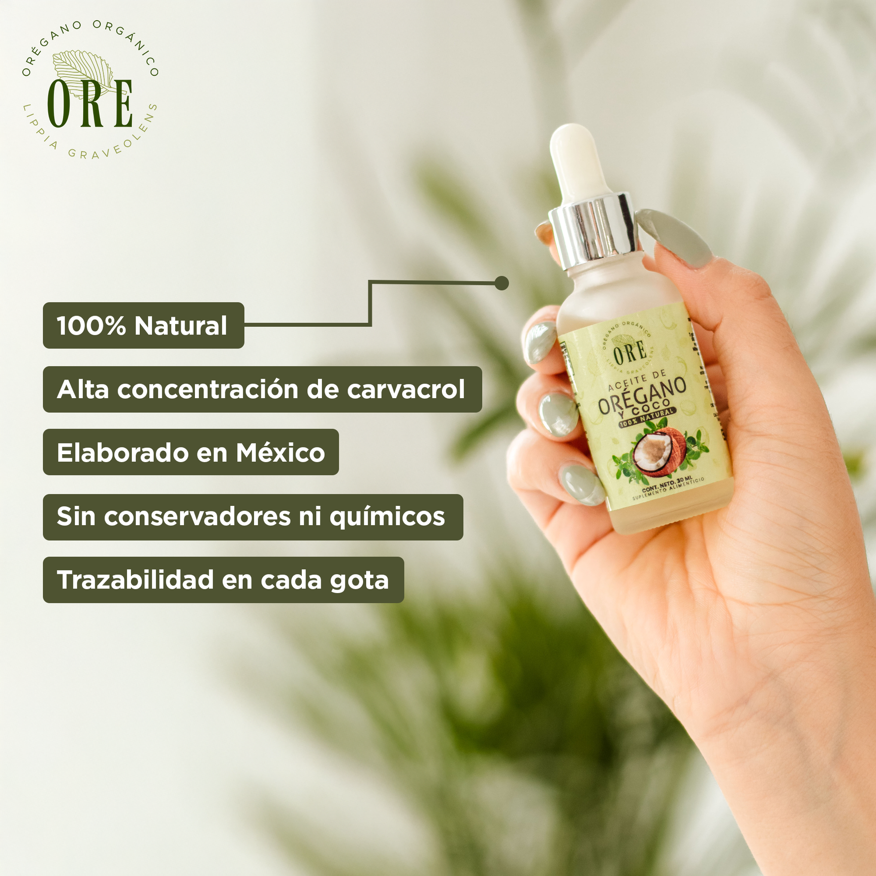 ORE Aceite de Orégano  80% Carvacrol, Orgánico y Silvestre, con Aceite de Coco, extravirgen, Suplemento Natural, Gotero de 30ml