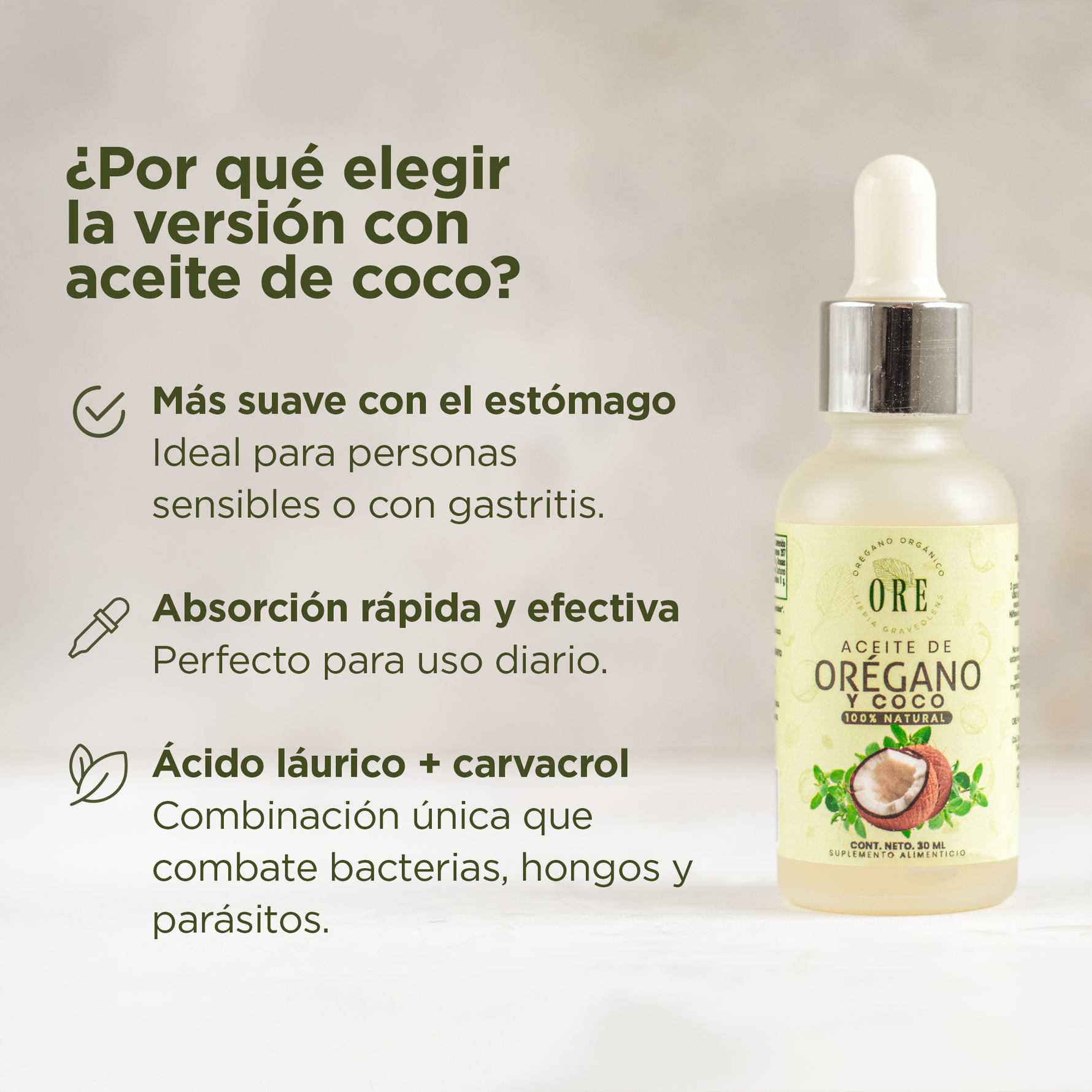 ORE Aceite de Orégano  80% Carvacrol, Orgánico y Silvestre, con Aceite de Coco, extravirgen, Suplemento Natural, Gotero de 30ml