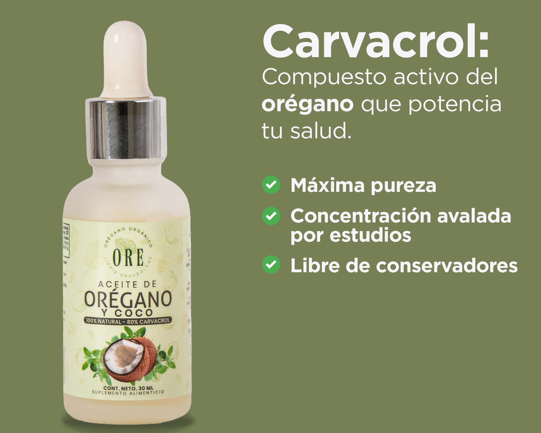 ORE Aceite de Orégano  80% Carvacrol, Orgánico y Silvestre, con Aceite de Coco, extravirgen, Suplemento Natural, Gotero de 30ml