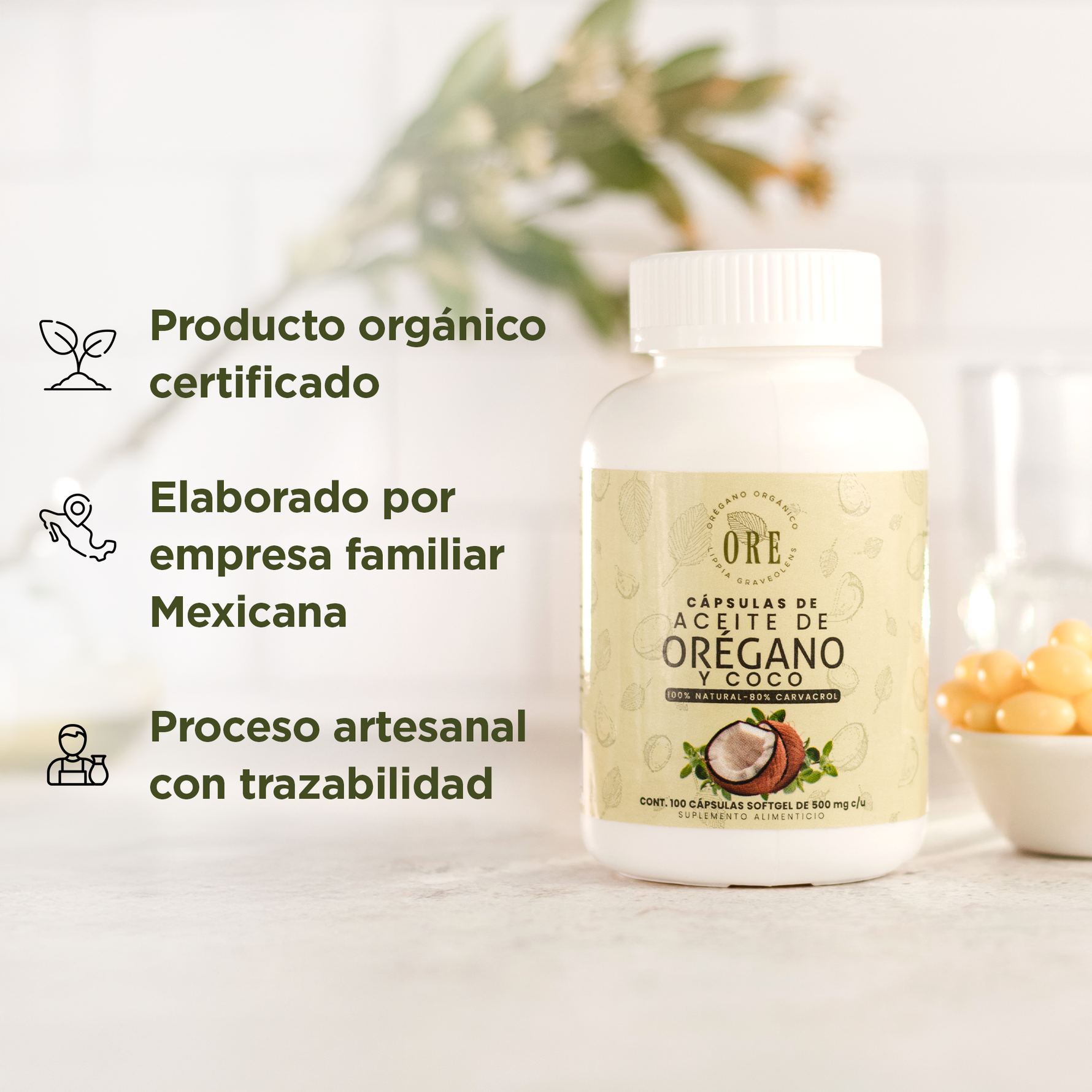 Aceite De Orégano Y Aceite De Coco En Cápsulas 100 Pzas ORE, 80% Carvacrol
