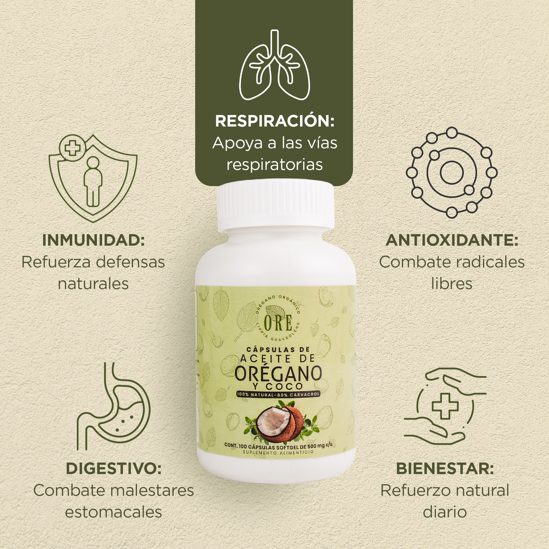 Aceite De Orégano Y Aceite De Coco En Cápsulas 100 Pzas ORE, 80% Carvacrol