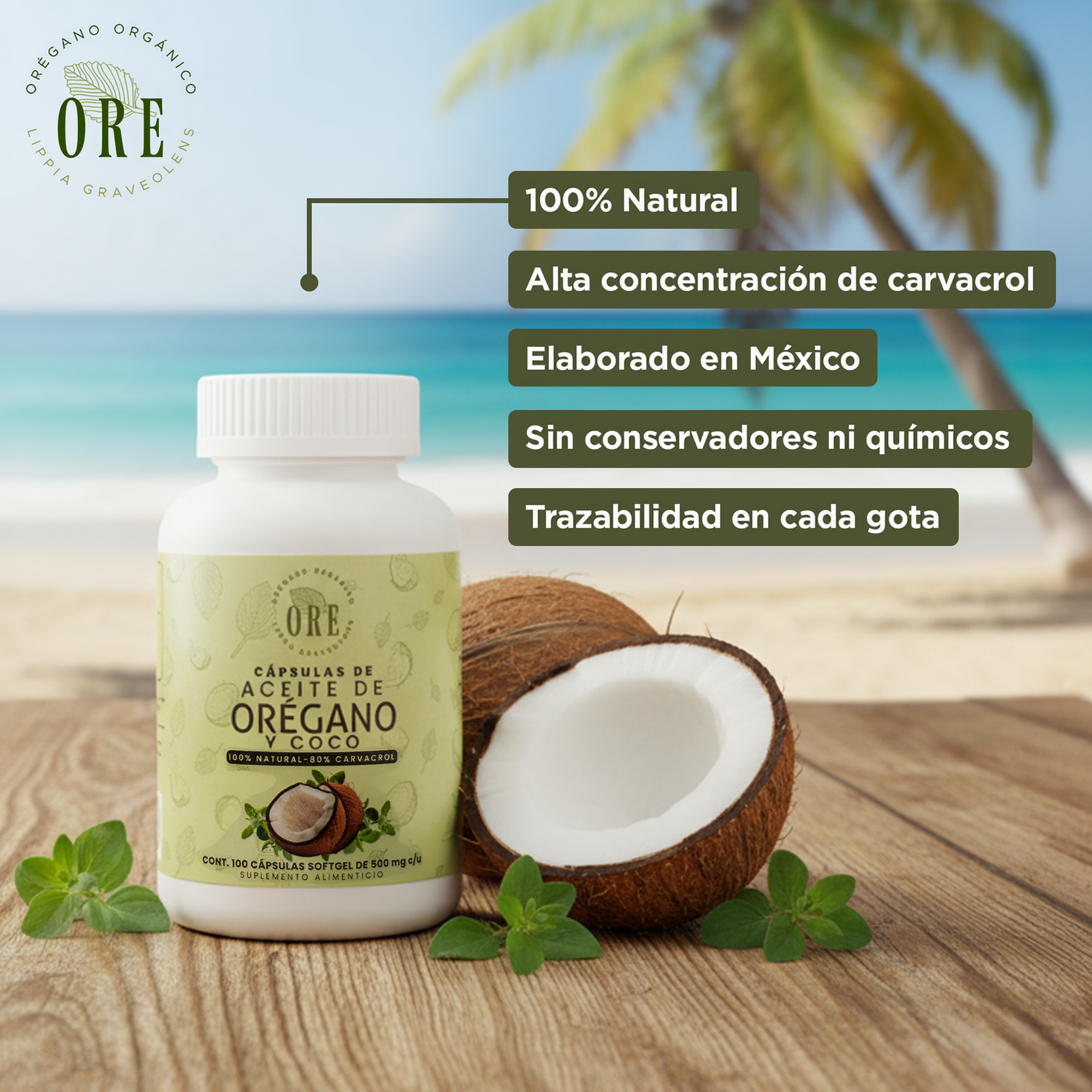 Aceite De Orégano Y Aceite De Coco En Cápsulas 100 Pzas ORE, 80% Carvacrol