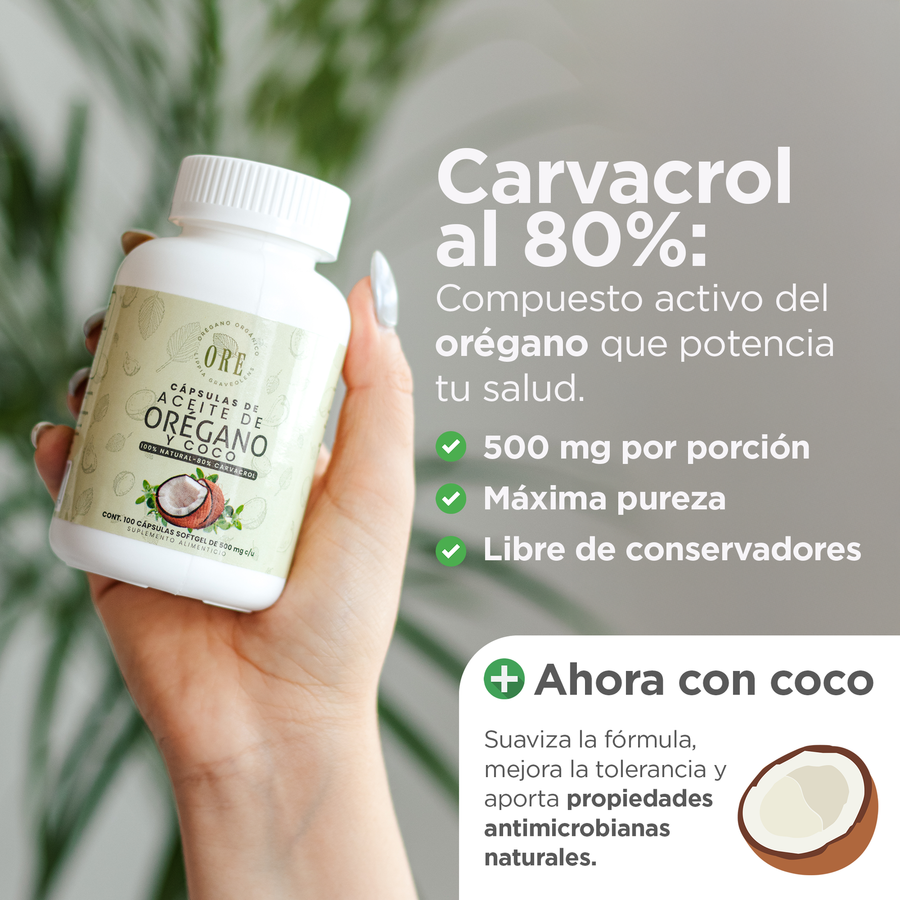 Aceite De Orégano Y Aceite De Coco En Cápsulas 100 Pzas ORE, 80% Carvacrol