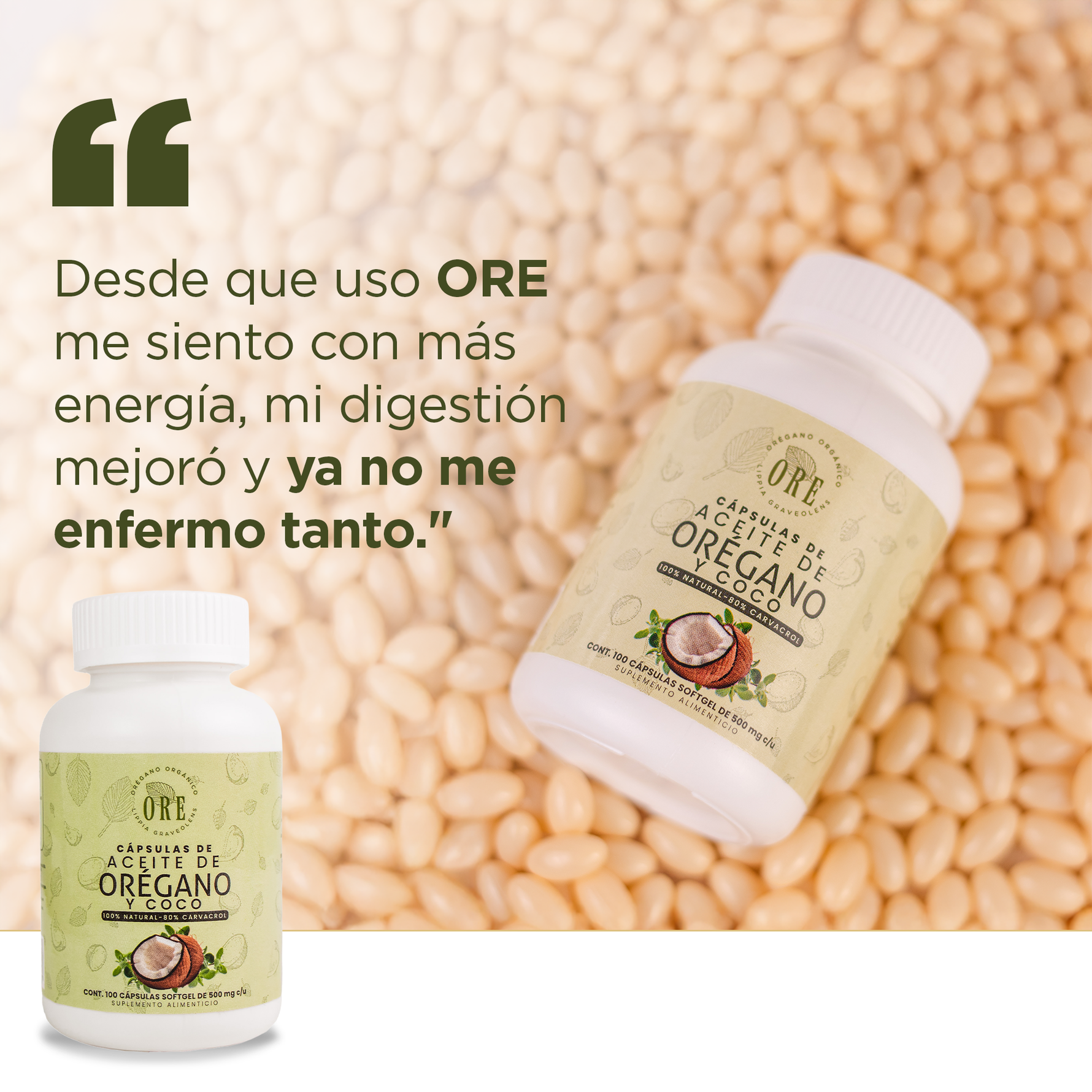 Aceite De Orégano Y Aceite De Coco En Cápsulas 100 Pzas ORE, 80% Carvacrol