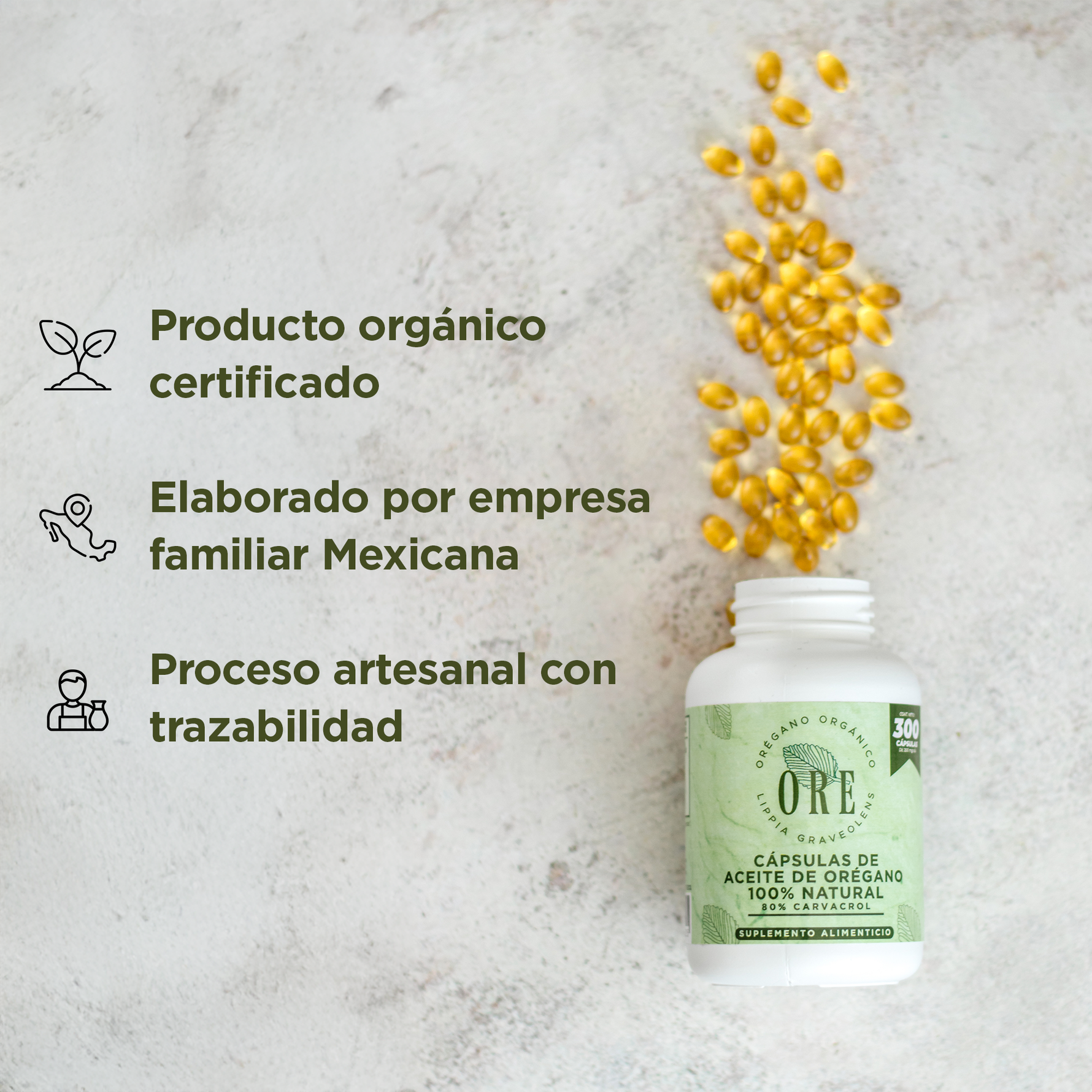 Cápsulas ORE Aceite de Orégano Silvestre Orgánico 300 Pzas | Suplemento Natural Premium con 80%  de Carvacrol – Apoyo Inmunológico, Salud y Bienestar General Cápsula blanda Softgel