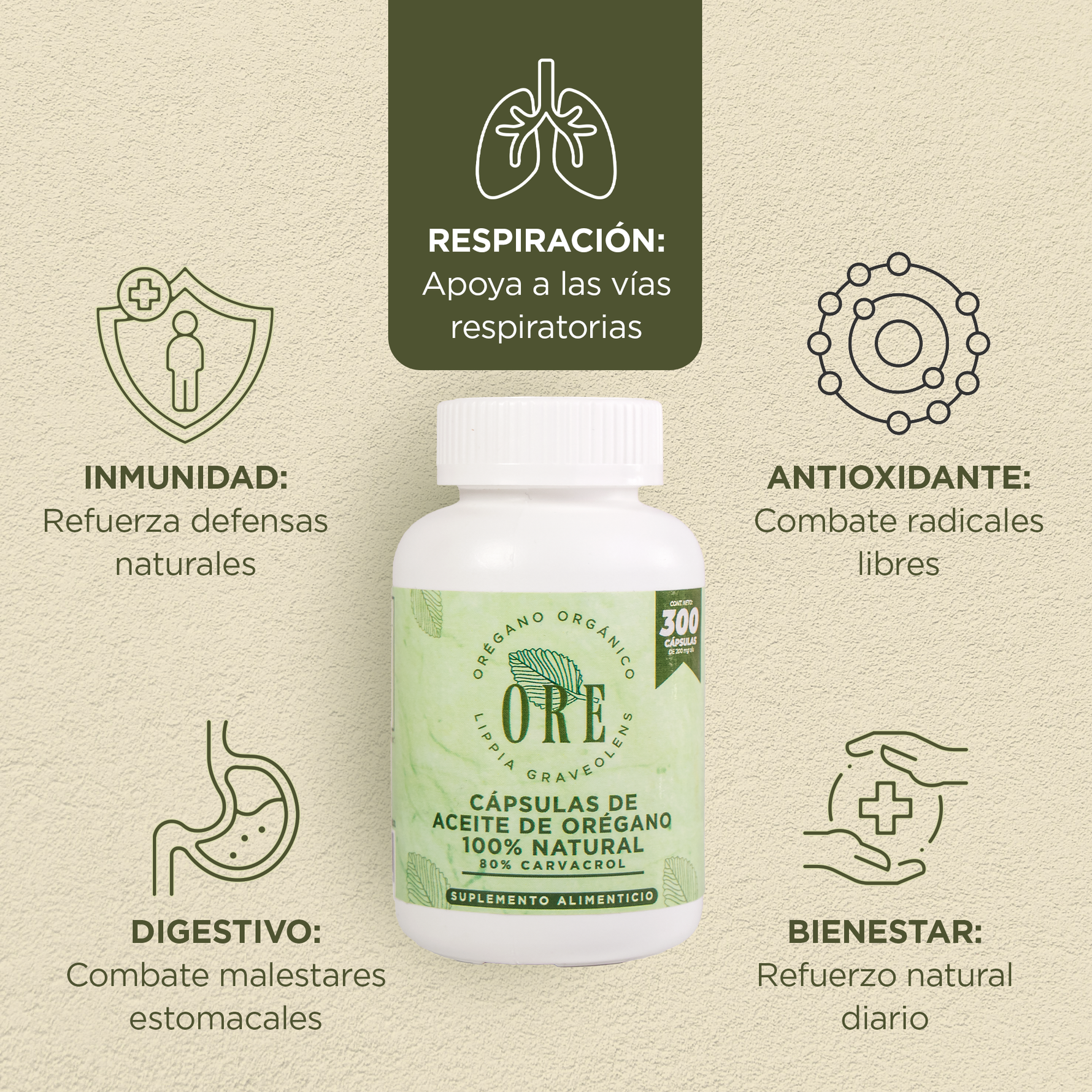 Cápsulas ORE Aceite de Orégano Silvestre Orgánico 300 Pzas | Suplemento Natural Premium con 80%  de Carvacrol – Apoyo Inmunológico, Salud y Bienestar General Cápsula blanda Softgel