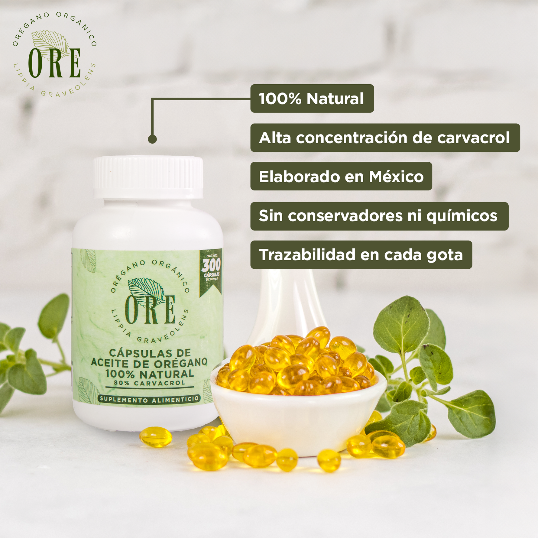 Cápsulas ORE Aceite de Orégano Silvestre Orgánico 300 Pzas | Suplemento Natural Premium con 80%  de Carvacrol – Apoyo Inmunológico, Salud y Bienestar General Cápsula blanda Softgel