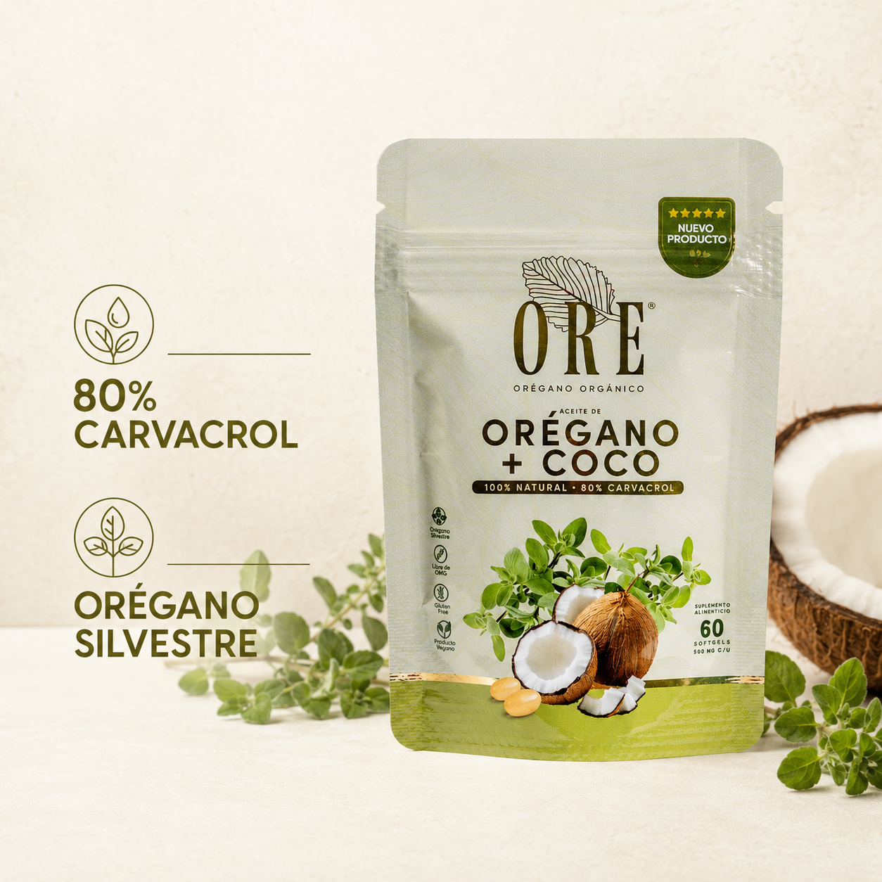 Aceite De Orégano Y Coco Ore 60 Cápsulas Softgel Orgánico 80 % Carvacrol