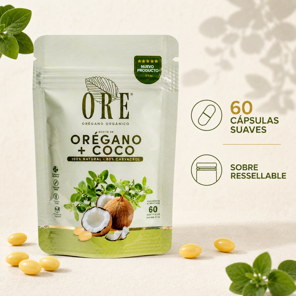 Aceite De Orégano Y Coco Ore 60 Cápsulas Softgel Orgánico 80 % Carvacrol