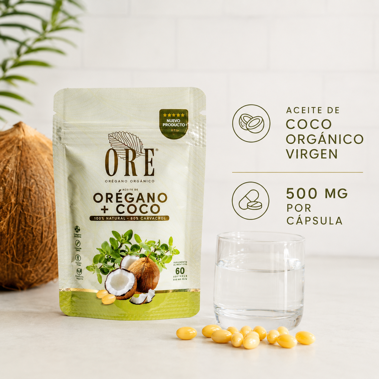Aceite De Orégano Y Coco Ore 60 Cápsulas Softgel Orgánico 80 % Carvacrol