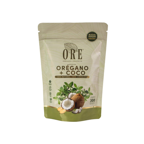 300 Cápsulas ORE Aceite de Orégano 80% Carvacrol + 5% Timol con Aceite de Coco EV | 300 pzas 500 mg | Orgánico Silvestre | Softgels