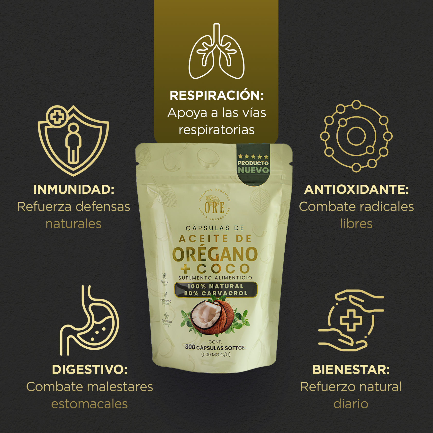 300 Cápsulas ORE Aceite de Orégano 80% Carvacrol + 5% Timol con Aceite de Coco EV | 300 pzas 500 mg | Orgánico Silvestre | Softgels