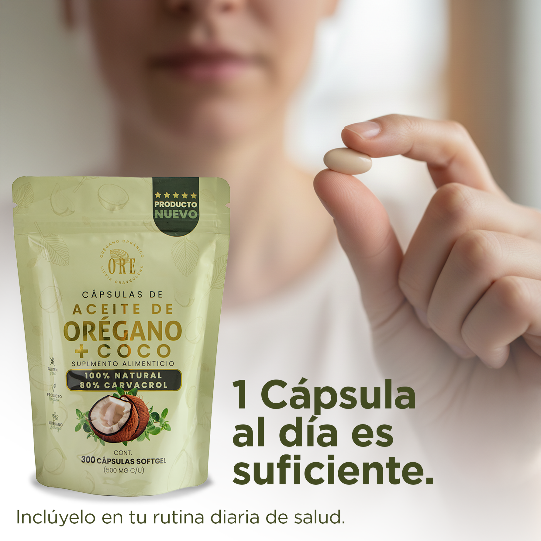 300 Cápsulas ORE Aceite de Orégano 80% Carvacrol + 5% Timol con Aceite de Coco EV | 300 pzas 500 mg | Orgánico Silvestre | Softgels