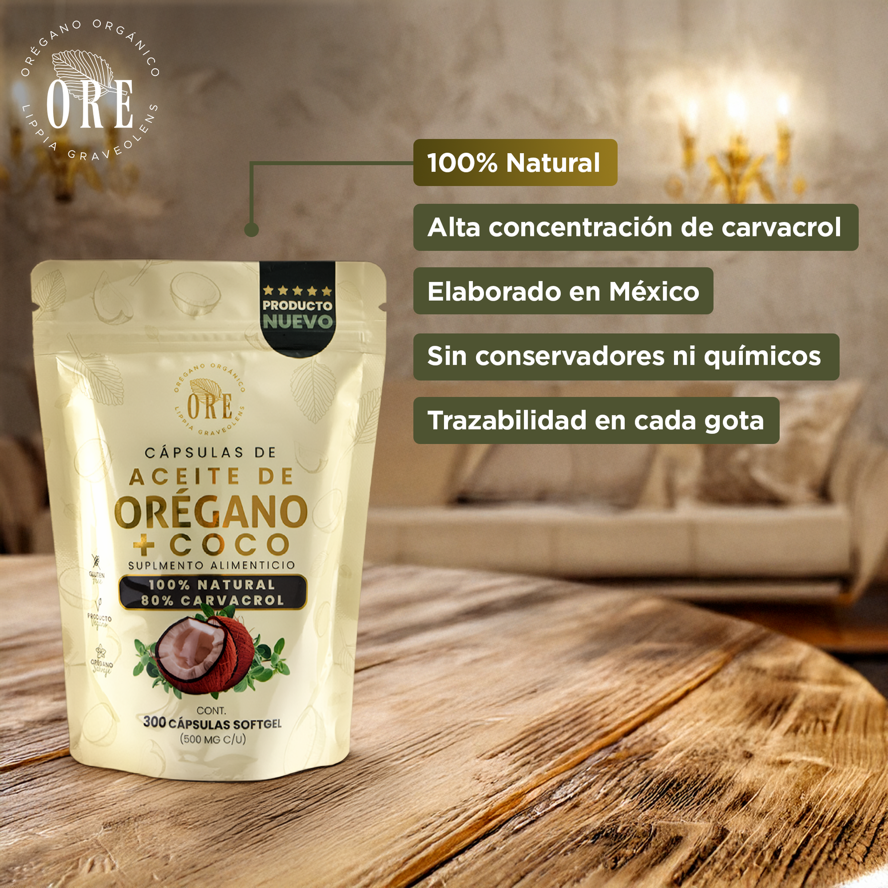 300 Cápsulas ORE Aceite de Orégano 80% Carvacrol + 5% Timol con Aceite de Coco EV | 300 pzas 500 mg | Orgánico Silvestre | Softgels