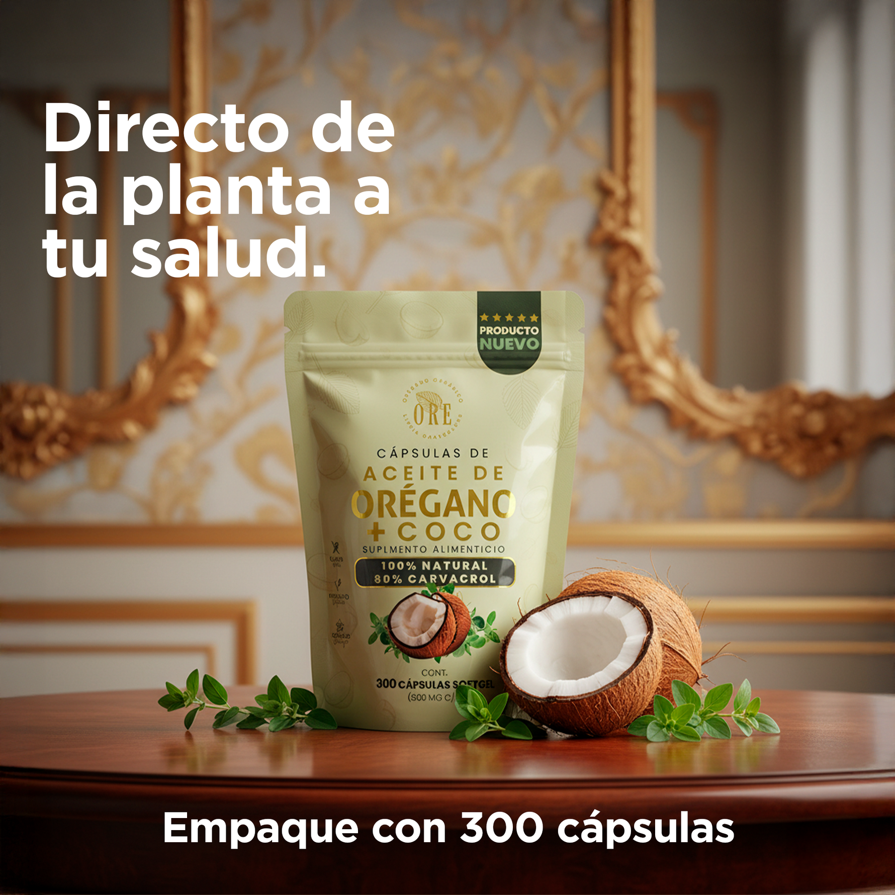 300 Cápsulas ORE Aceite de Orégano 80% Carvacrol + 5% Timol con Aceite de Coco EV | 300 pzas 500 mg | Orgánico Silvestre | Softgels