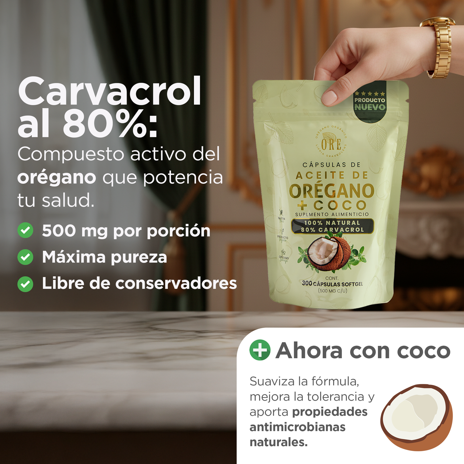 300 Cápsulas ORE Aceite de Orégano 80% Carvacrol + 5% Timol con Aceite de Coco EV | 300 pzas 500 mg | Orgánico Silvestre | Softgels