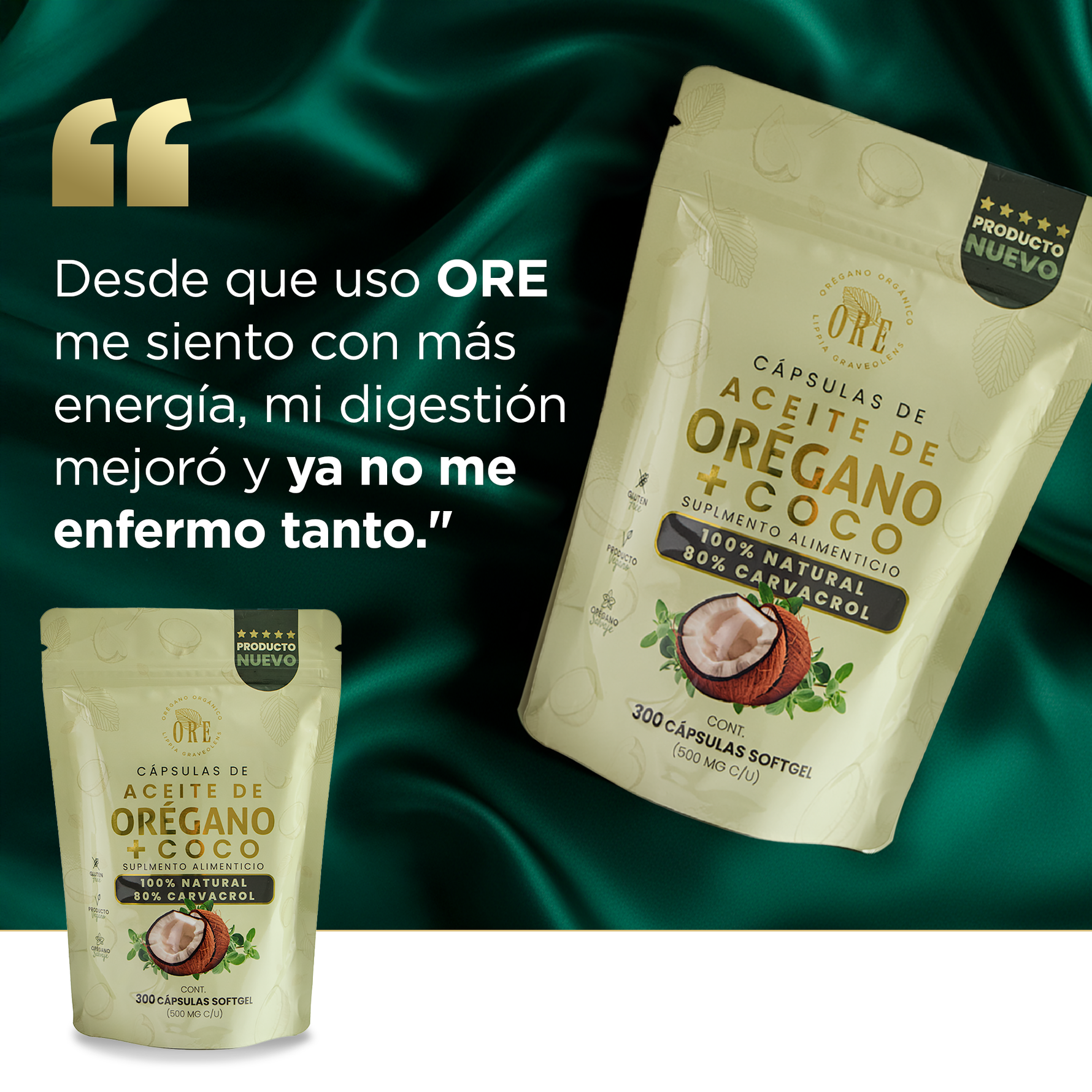 300 Cápsulas ORE Aceite de Orégano 80% Carvacrol + 5% Timol con Aceite de Coco EV | 300 pzas 500 mg | Orgánico Silvestre | Softgels
