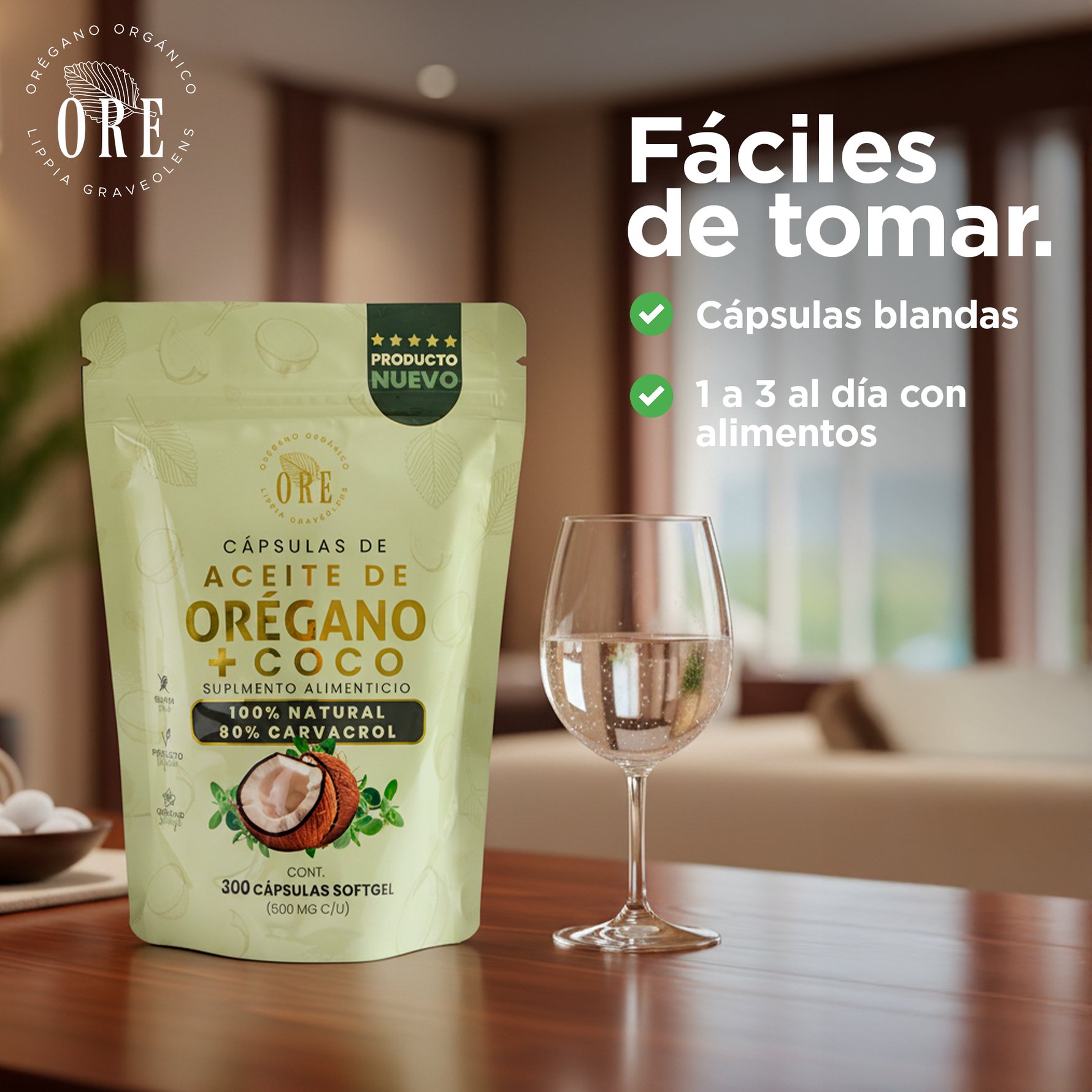 300 Cápsulas ORE Aceite de Orégano 80% Carvacrol + 5% Timol con Aceite de Coco EV | 300 pzas 500 mg | Orgánico Silvestre | Softgels
