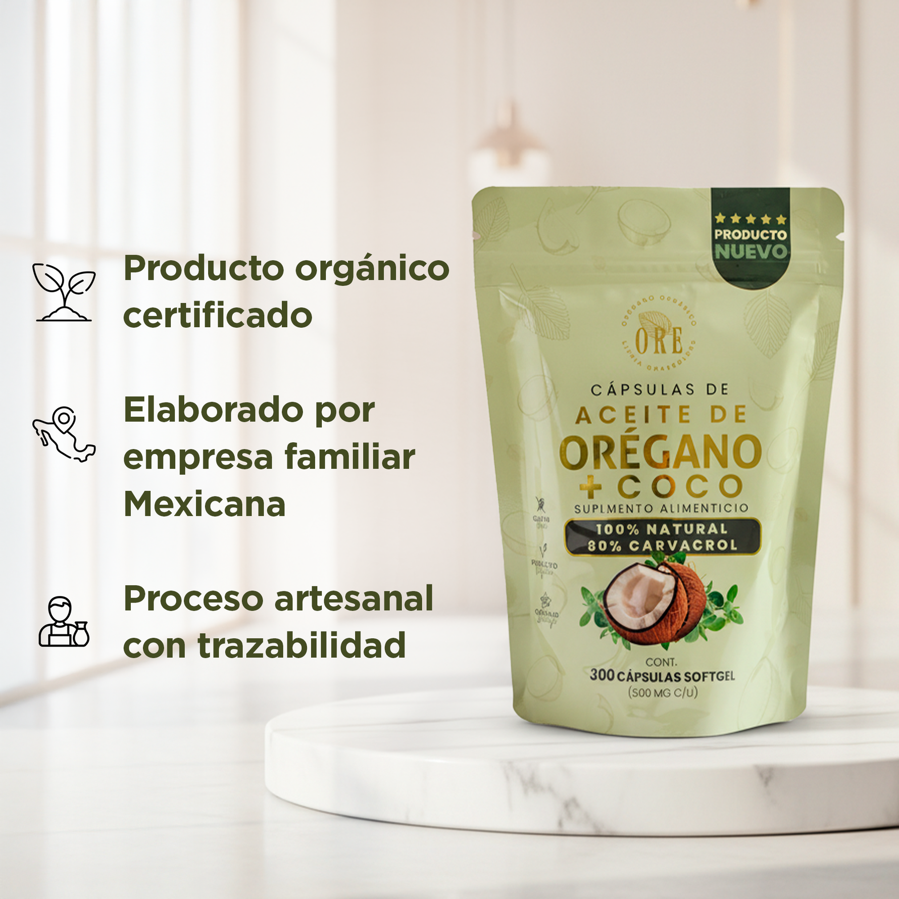 300 Cápsulas ORE Aceite de Orégano 80% Carvacrol + 5% Timol con Aceite de Coco EV | 300 pzas 500 mg | Orgánico Silvestre | Softgels